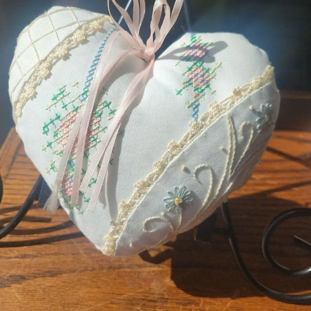 Handmade Needpoint Crossstitch Pillows Set of 2 heart shaped Ivory Cotton Ribbon